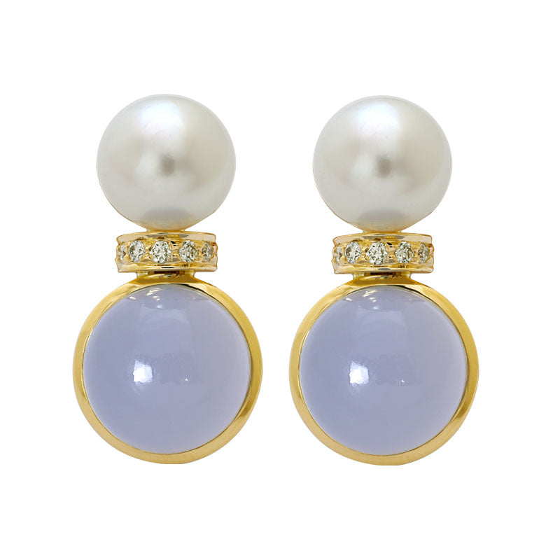 Earrings- Chalcedony, South Sea Pearl and Diamond in 18K Gold