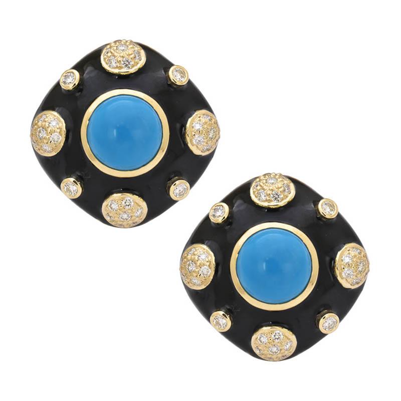 Earrings- Synthetic Turquoise and Diamond (Enamel)