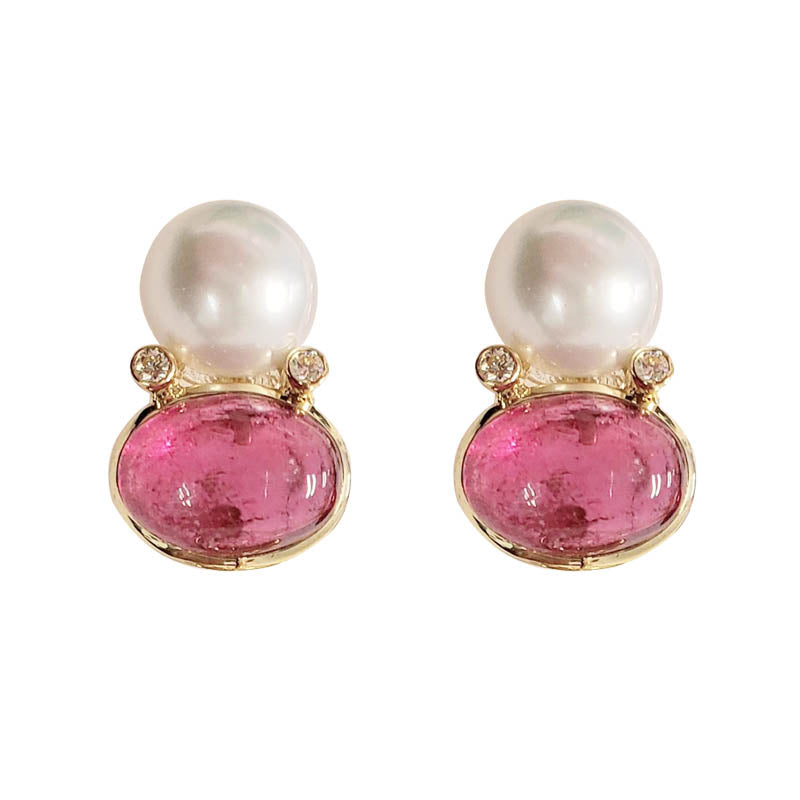 EARRINGS- RUBELLITE, S.S. PEARL AND DIAMOND