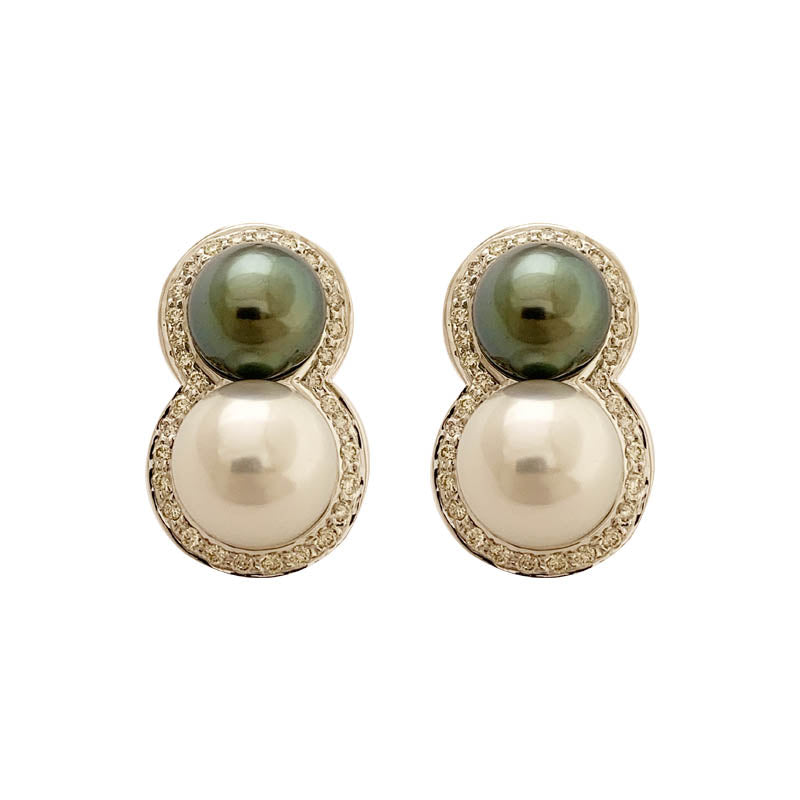 EARRINGS- GRAY AND WHITE S.S. PEARL AND DIAMOND IN 18K WHITE GOLD