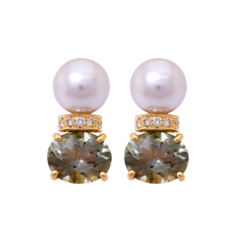 Earrings-Green Quartz,  South Sea Pearl and Diamond