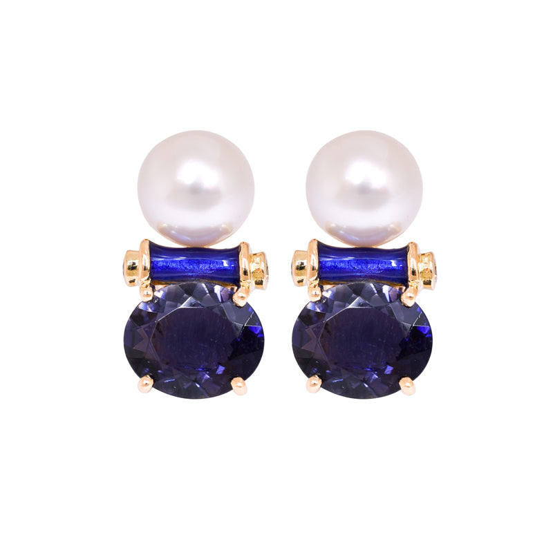 EARRINGS- IOLITE, S.S. PEARL AND DIAMOND (ENAMEL)