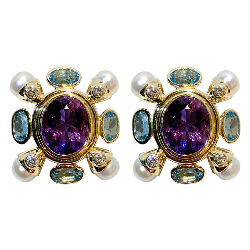 Earrings- Amethyst, Blue Topaz, F.W. Pearl and Diamond in 18k Gold