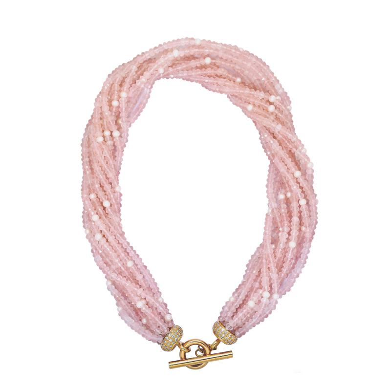 Neck-Beads - Rose Quartz & F.W. Pearl Beads with 18k Gold and Diamond Toggle