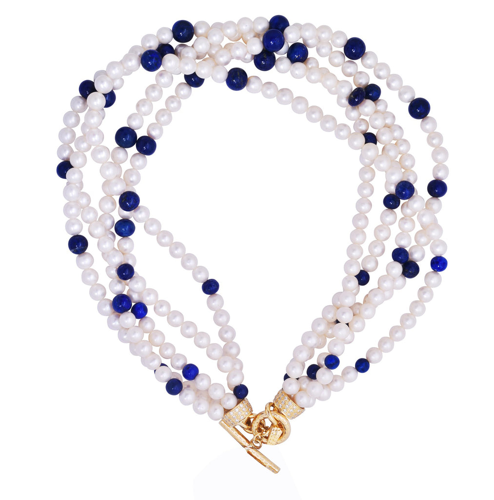 Toggle Necklace - Pearl Beads, Lapis Lazuli and Diamond  (2217A)