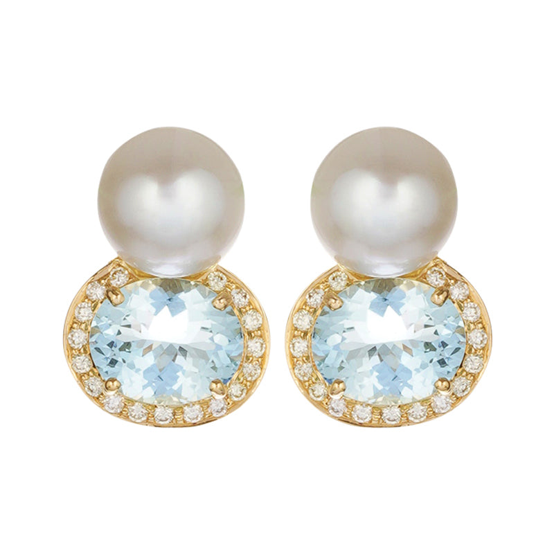 Earrings - Aquamarine, Diamond And South Sea Pearl