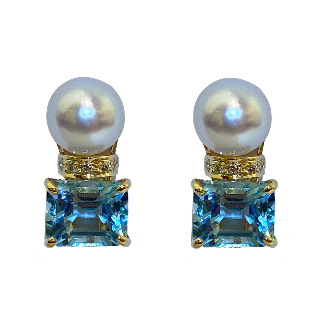 Earrings - Pearl, Blue Topaz and Diamond in 18K Gold