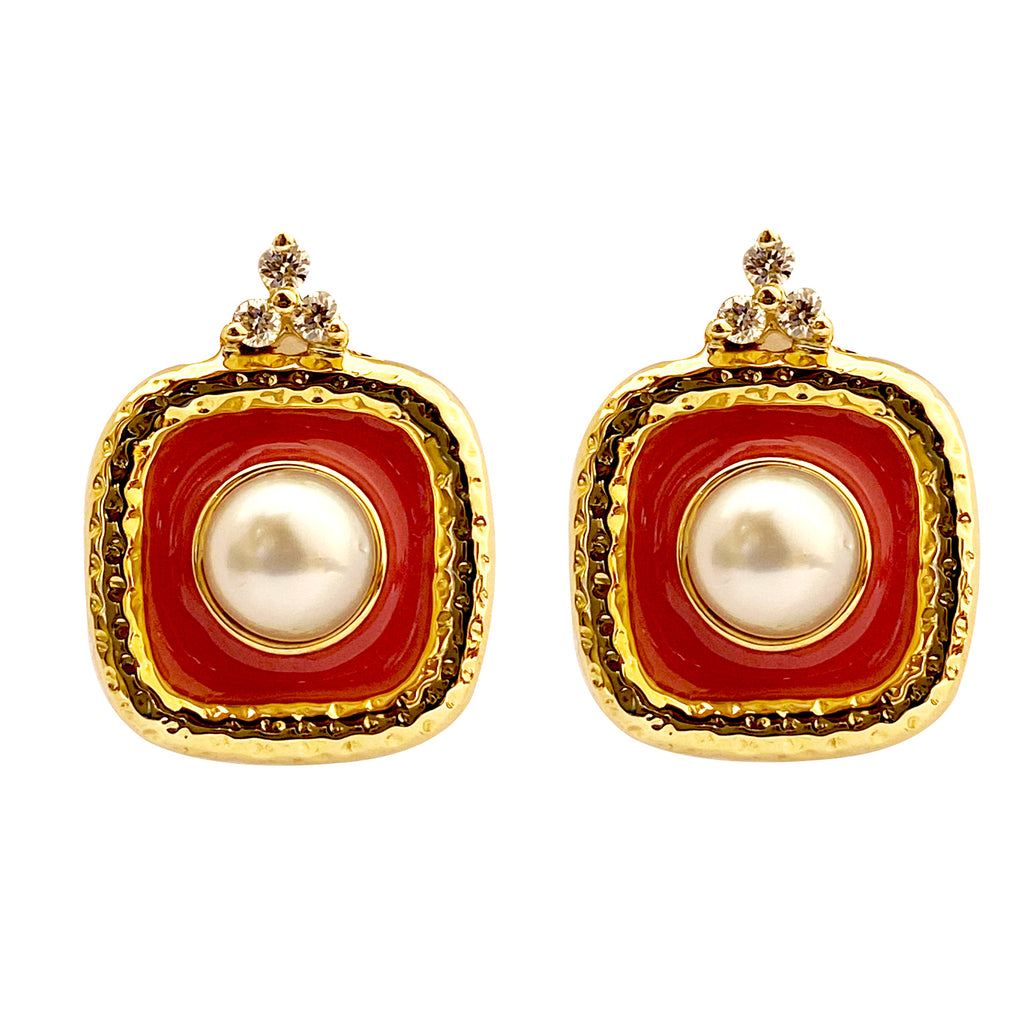 Earrings - Pearl and Diamond with Enamel in 18K gold