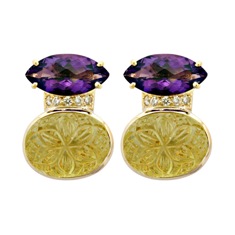Earrings - Amethyst, Lemon Quartz and Diamond | Singhvi Jewels
