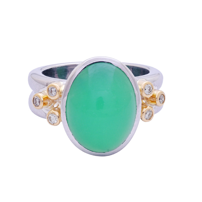 Ring- Chrysoprase and Diamond in Silver and 18K Gold