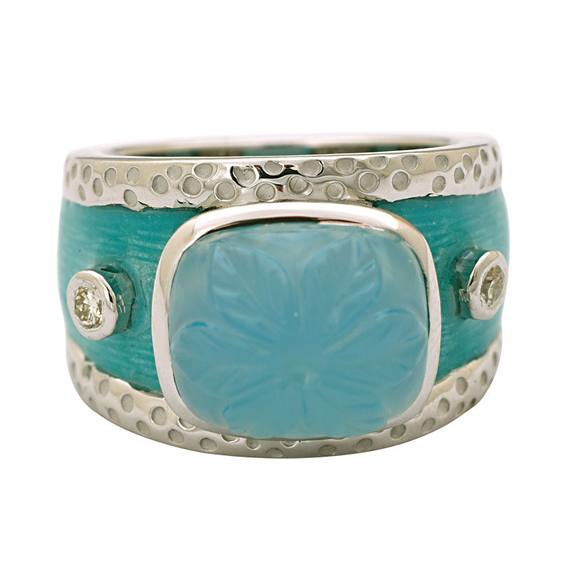 RING- CHALCEDONY AND DIAMOND (ENAMEL) IN SILVER