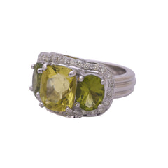 RING- LEMON QUARTZ, PERIDOT AND DIAMOND IN SILVER
