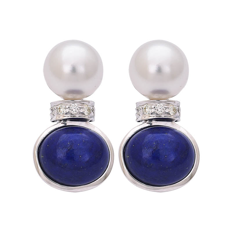 EARRINGS- LAPIS LAZULI, S.S. PEARL AND DIAMOND IN STERLING SILVER