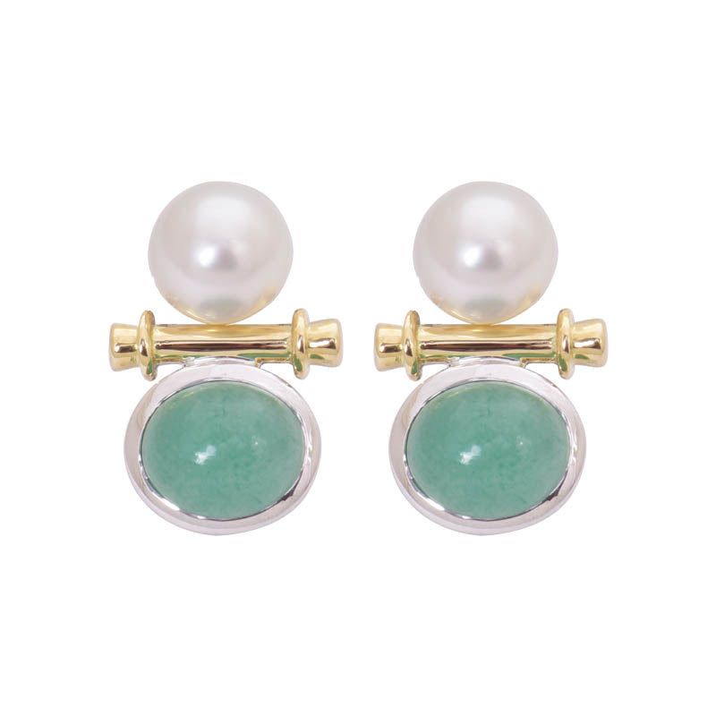 EARRINGS- AVENTURINE AND S.S. PEARL IN GOLD AND SILVER