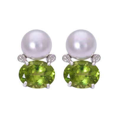 EARRINGS- PERIDOT, S.S. PEARL AND DIAMOND IN STERLING SILVER