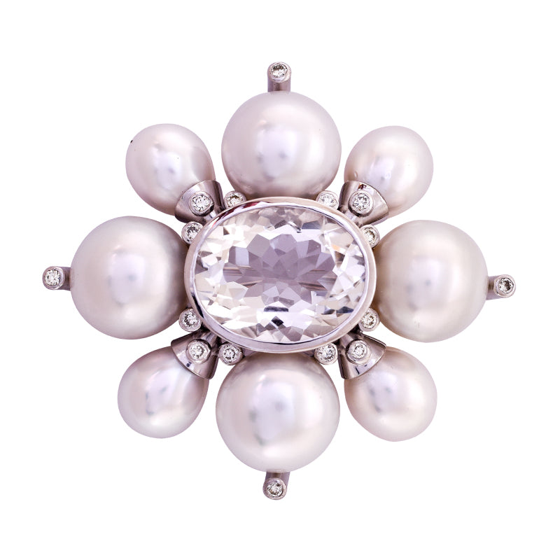 Brooch- Rock Crystal, S.S. Pearl and Diamond in Silver