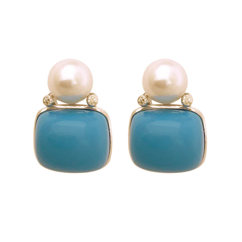 EARRINGS- SYNTHETIC TURQUOISE, S.S. PEARL AND DIAMOND IN STERLING SILVER