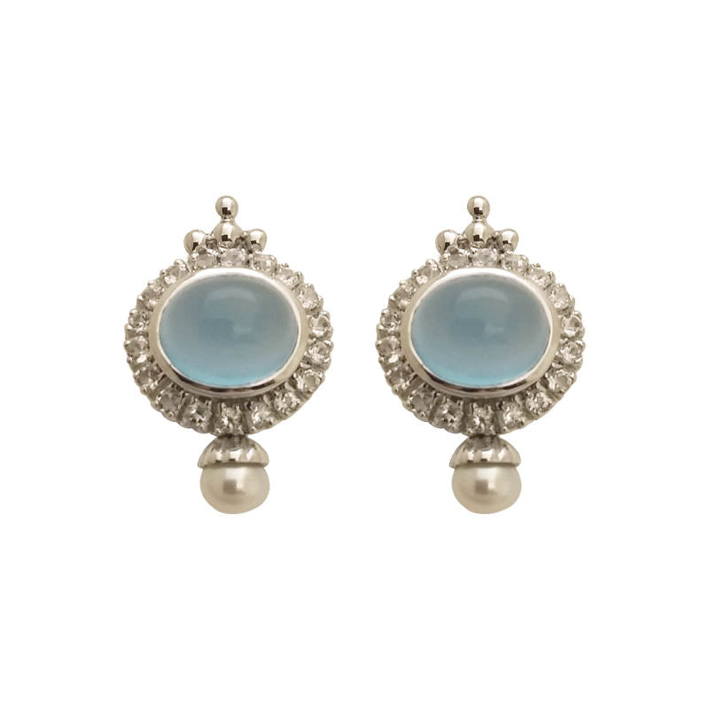 EARRINGS- WHITE TOPAZ, CHALCEDONY AND PEARL IN STERLING SILVER