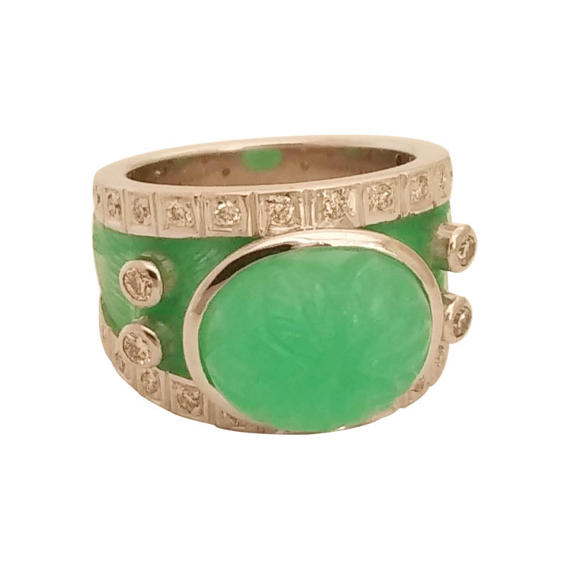 RING- CHRYSOPRASE AND DIAMOND (ENAMEL) IN STERLING SILVER