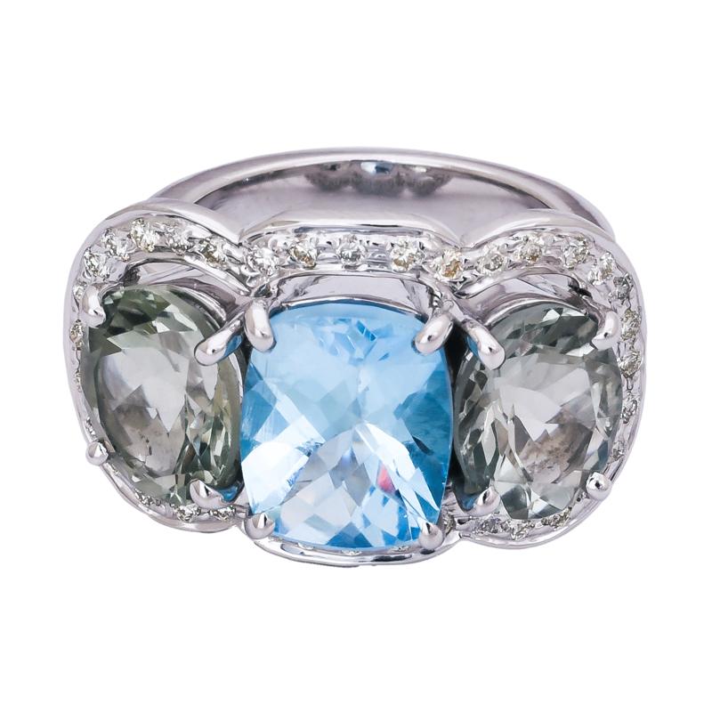 Ring- Blue Topaz, Green Quartz and Diamond