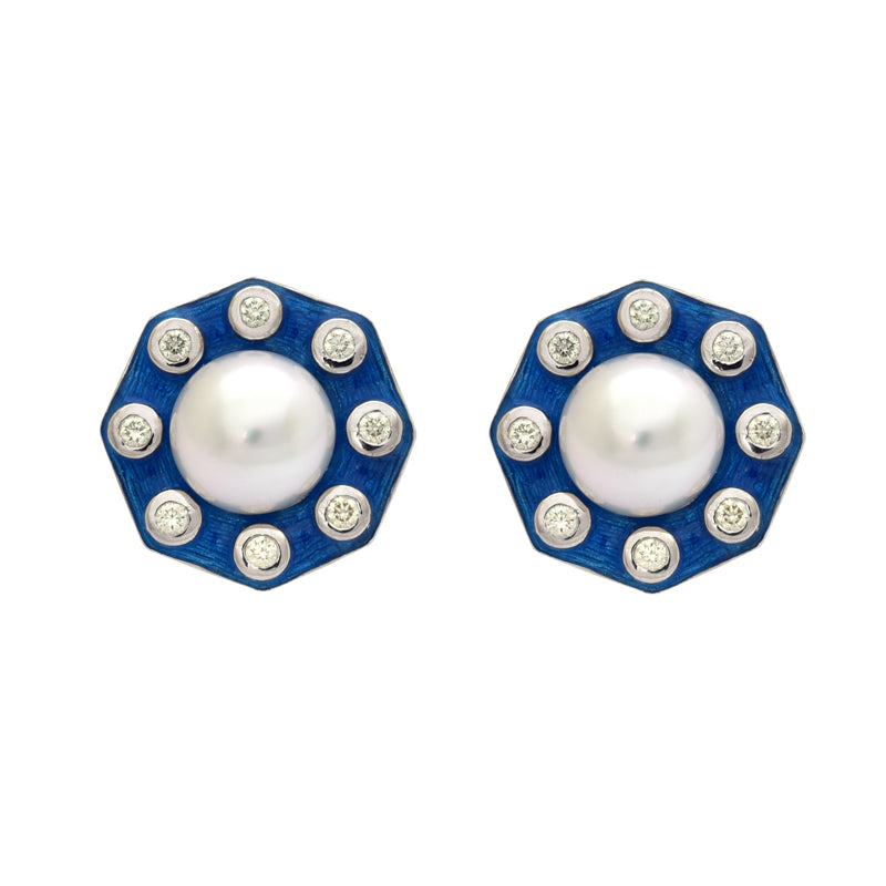Earrings- S.S. Pearl and Diamond (Enamel) in Silver