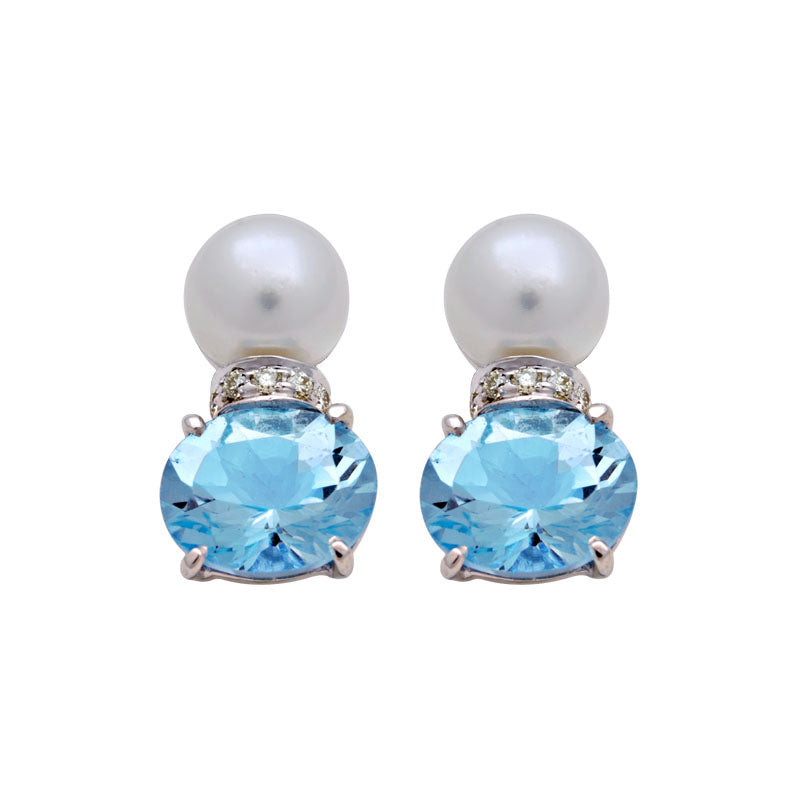 Earrings- Blue Topaz, S.S. Pearl and Diamond in Silver
