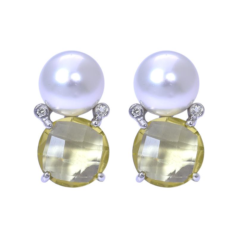 Earrings- Lemon Quartz, South Sea Pearl and Diamond