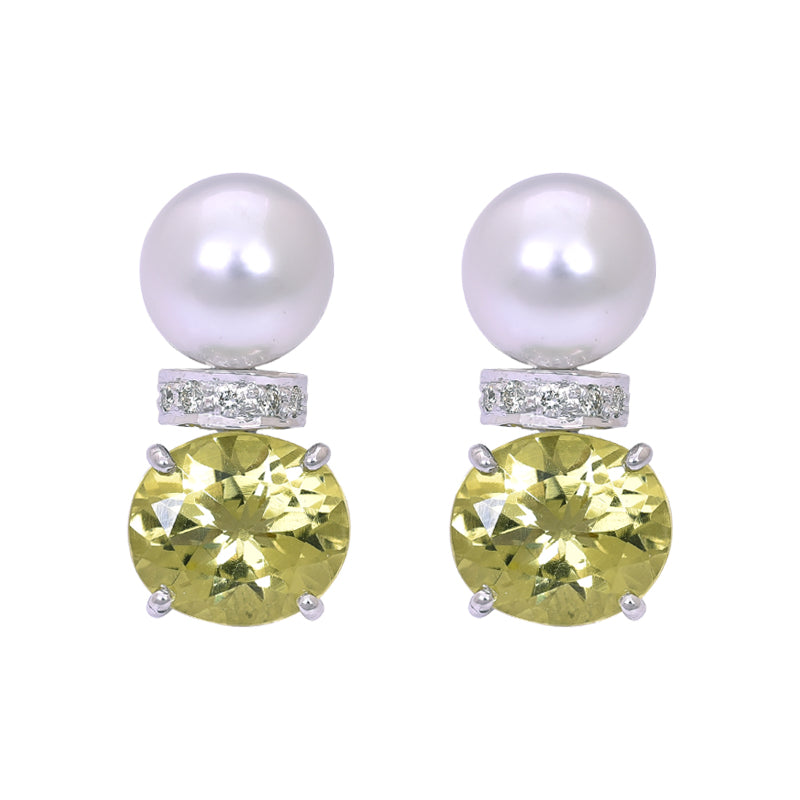 Earrings - Lemon Quartz, South Sea Pearl and Diamond | Singhvi Jewels