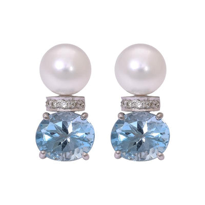 Earrings- Blue Topaz, South Sea Pearl and Diamond  (263CS)