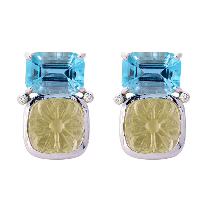 Earrings- Blue Topaz, Lemon Quartz and Diamond