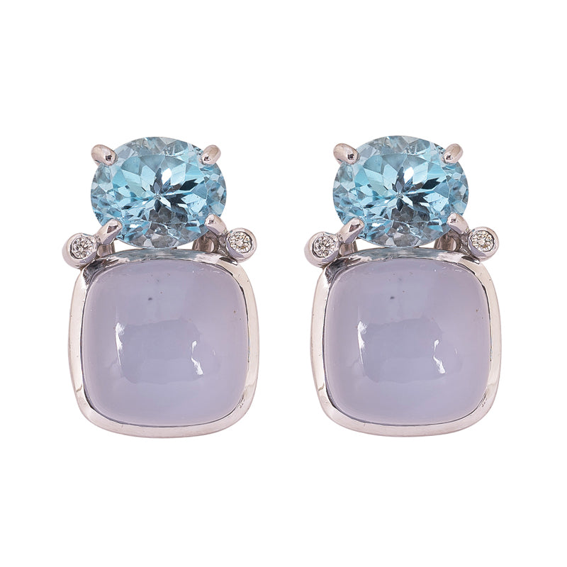 Earrings- Blue Topaz, Chalcedony and Diamond