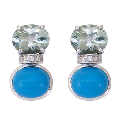 Earrings - Green Quartz, Turquoise And Diamond