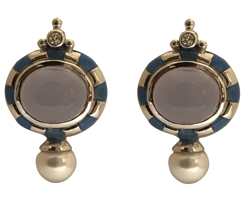 Earrings - Chalcedony, Diamond and Pearl (Enamel) in Sterling Silver