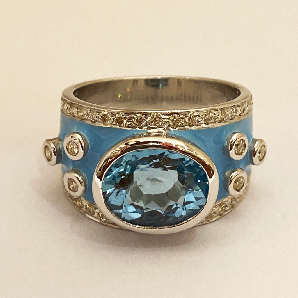 Ring - Blue Topaz and Diamond with Enamel in Silver