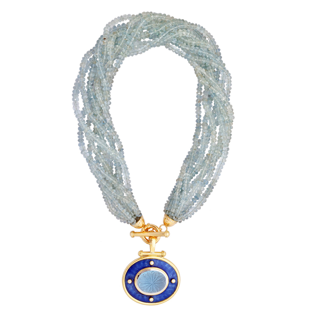 Toggle Necklace - Aquamarine Beads with Chalcedony and Diamond (Enamel) in Silver / Gold