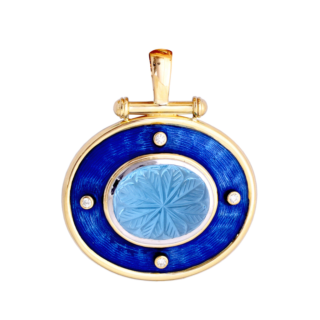 Pendant - Blue Topaz and Diamond in 18K and Silver with Enamel