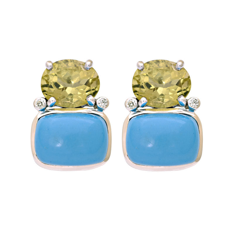 Earrings- Lemon Quartz, Synthetic Turquoise And Diamond