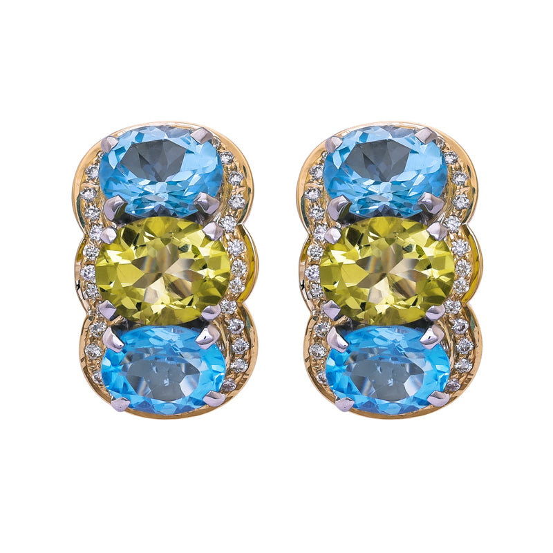 Earrings- Blue Topaz, Lemon Quartz and Diamond