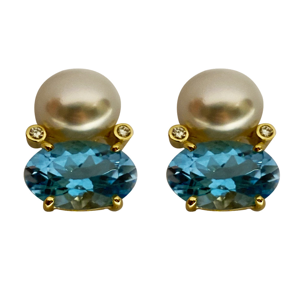 Earrings - South Sea Pearl and Blue Topaz with Diamond in 18K Gold