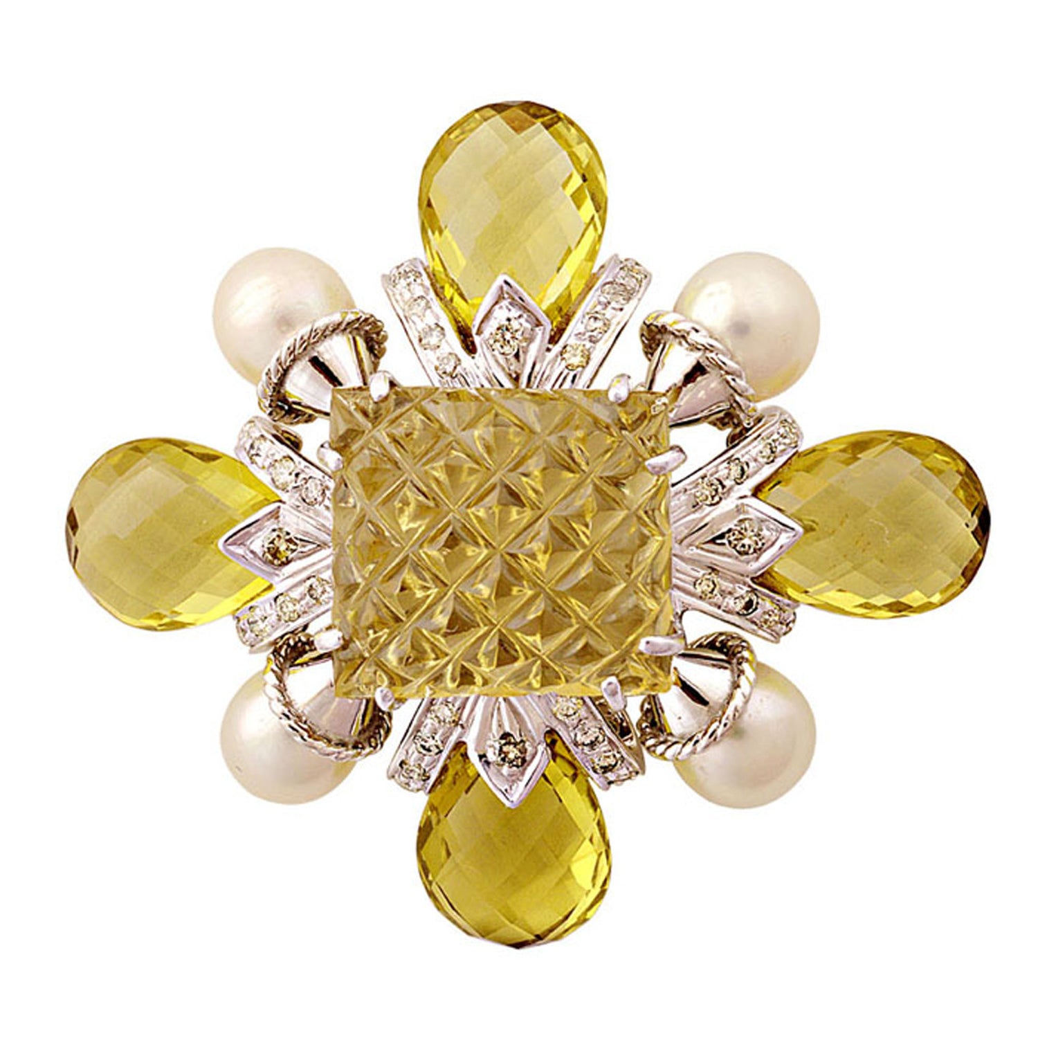 Brooch- Lemon Quartz, South Sea Pearl And Diamond (92ES) | Singhvi Jewels