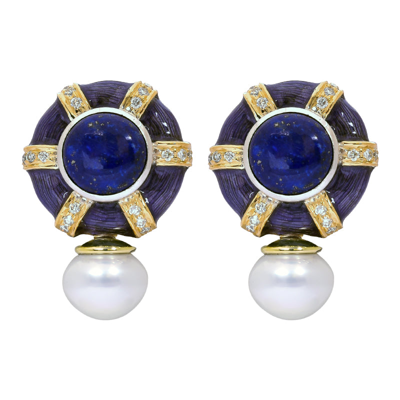 Earrings- Lapis Lazuli, Sea South Pearl and Diamond (Enamel)