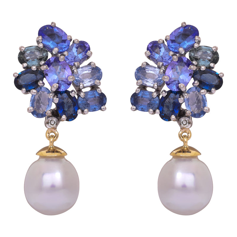 Earrings- Blue Sapphire, Tanzanite, South Sea Pearl and Diamond