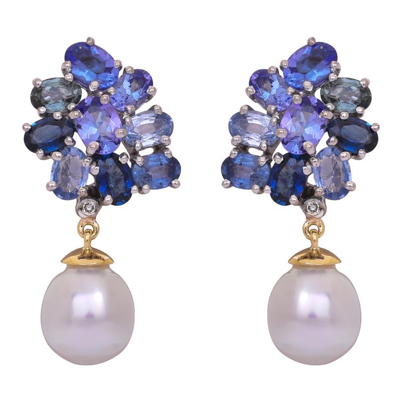 Earrings- Blue Sapphire, Tanzanite, South Sea Pearl and Diamond  (40IM)