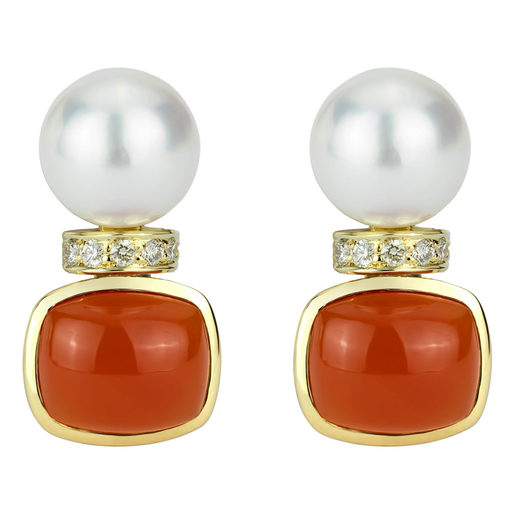 Earrings - South Sea Pearl, Cornellian And Diamond