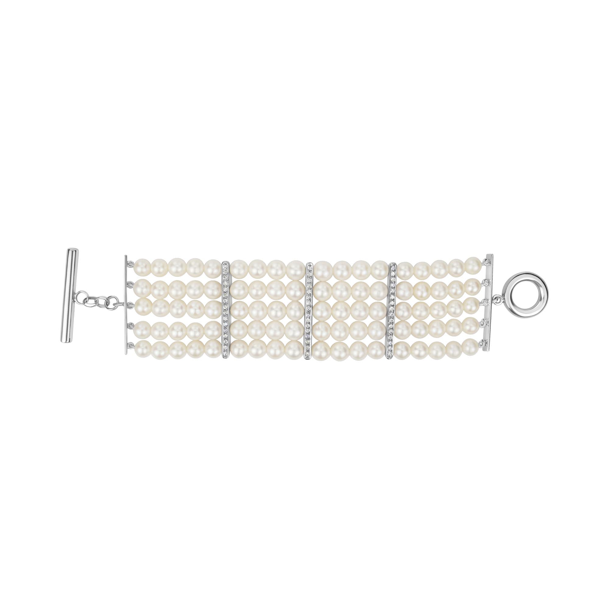 Toggle Bracelet - Fresh Water Pearl And Diamond In Silver | Singhvi Jewels