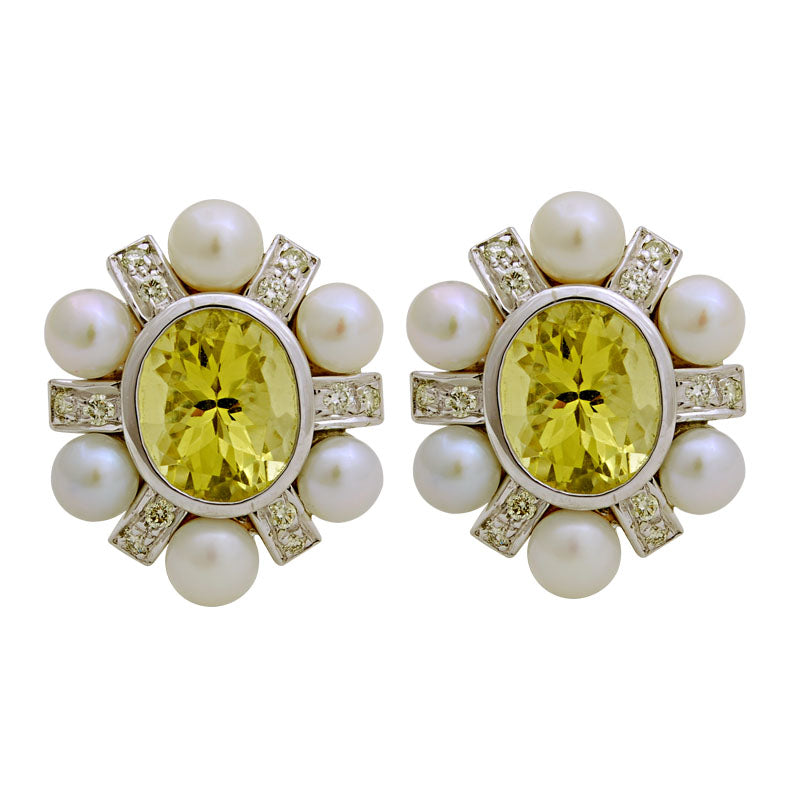 Earrings- Lemon Quartz, F.w. Pearl And Diamond