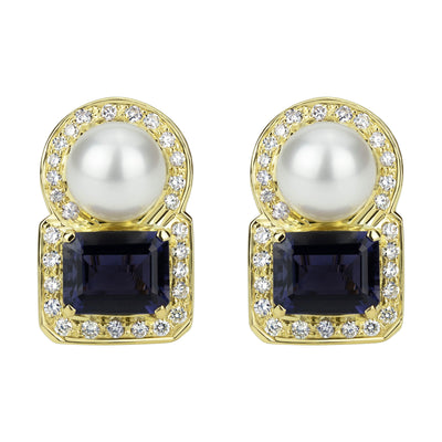Earrings - South Sea Pearl, Iolite And Diamond