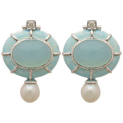 Earrings - Chalcedony, Fresh Water Pearl And Diamond (Enamel)