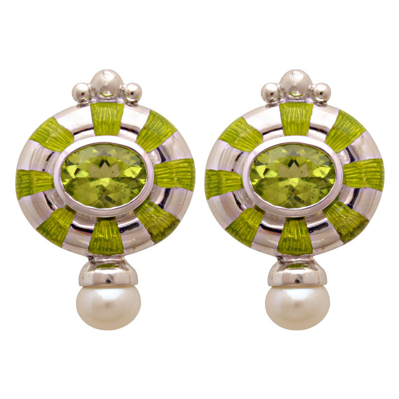 Earrings - Peridot and Fresh Water Pearl (Enamel) | Singhvi Jewels