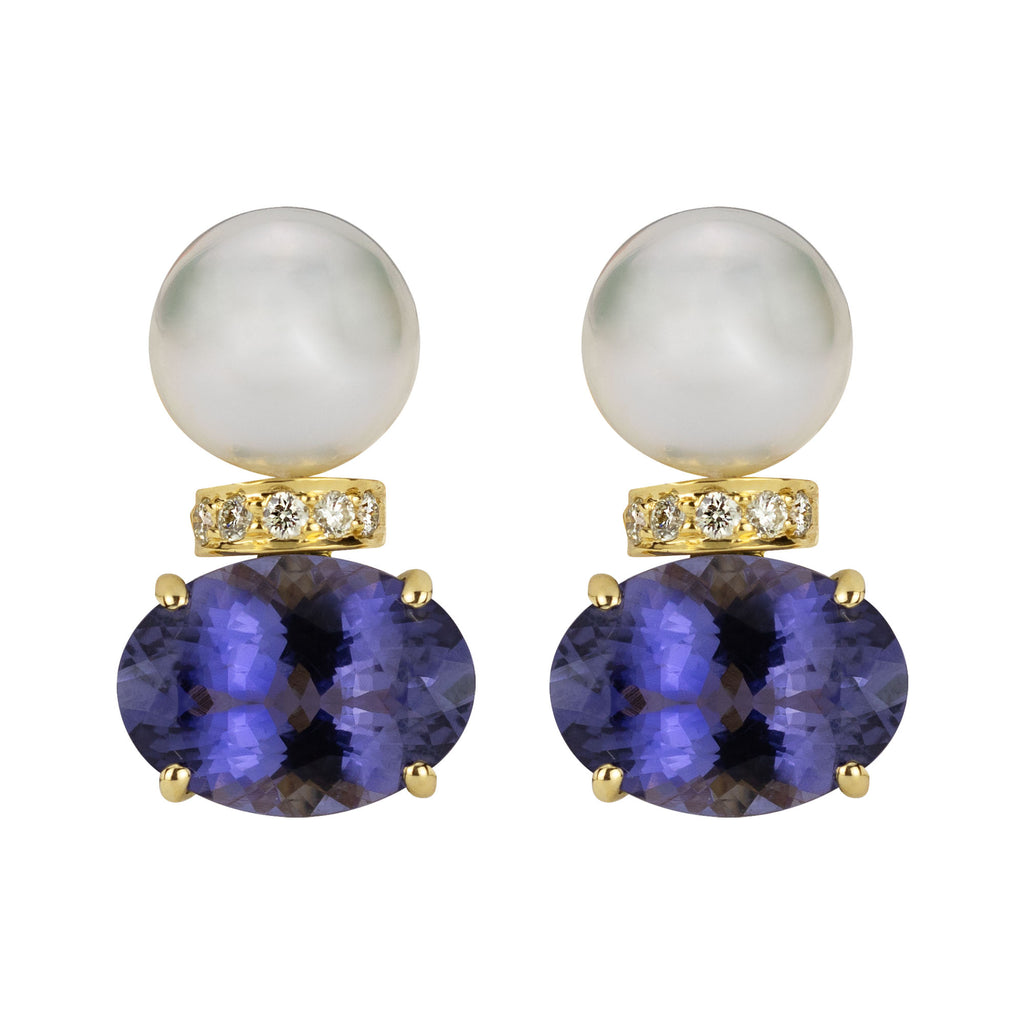 Earrings - South Sea Pearl, Iolite And Diamond